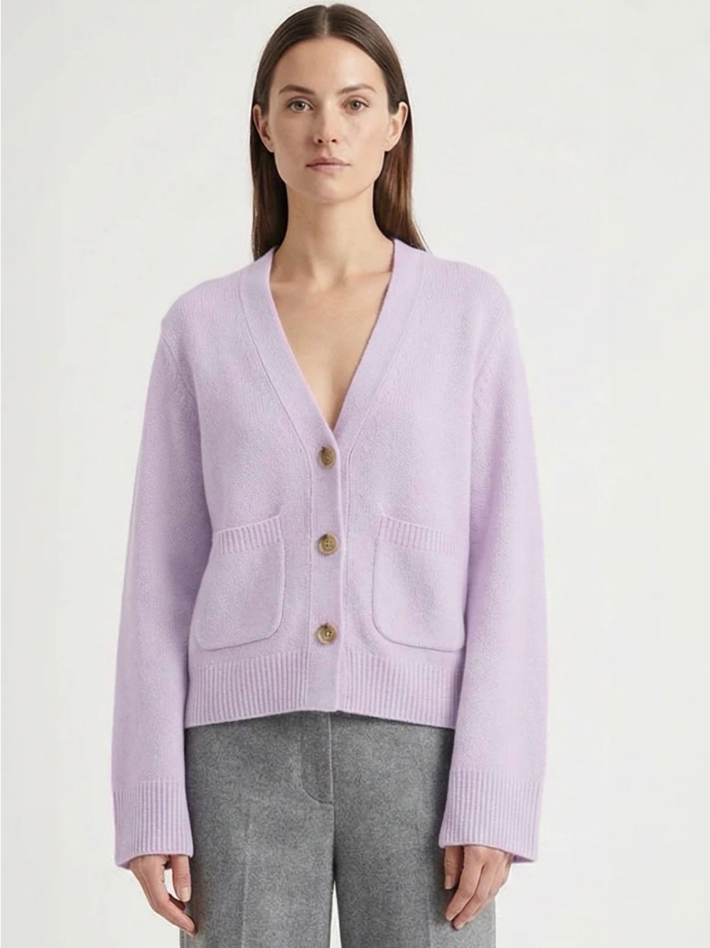 Lisa Yang Danni Lilac V-Neck Button Cardigan with Patch Pockets